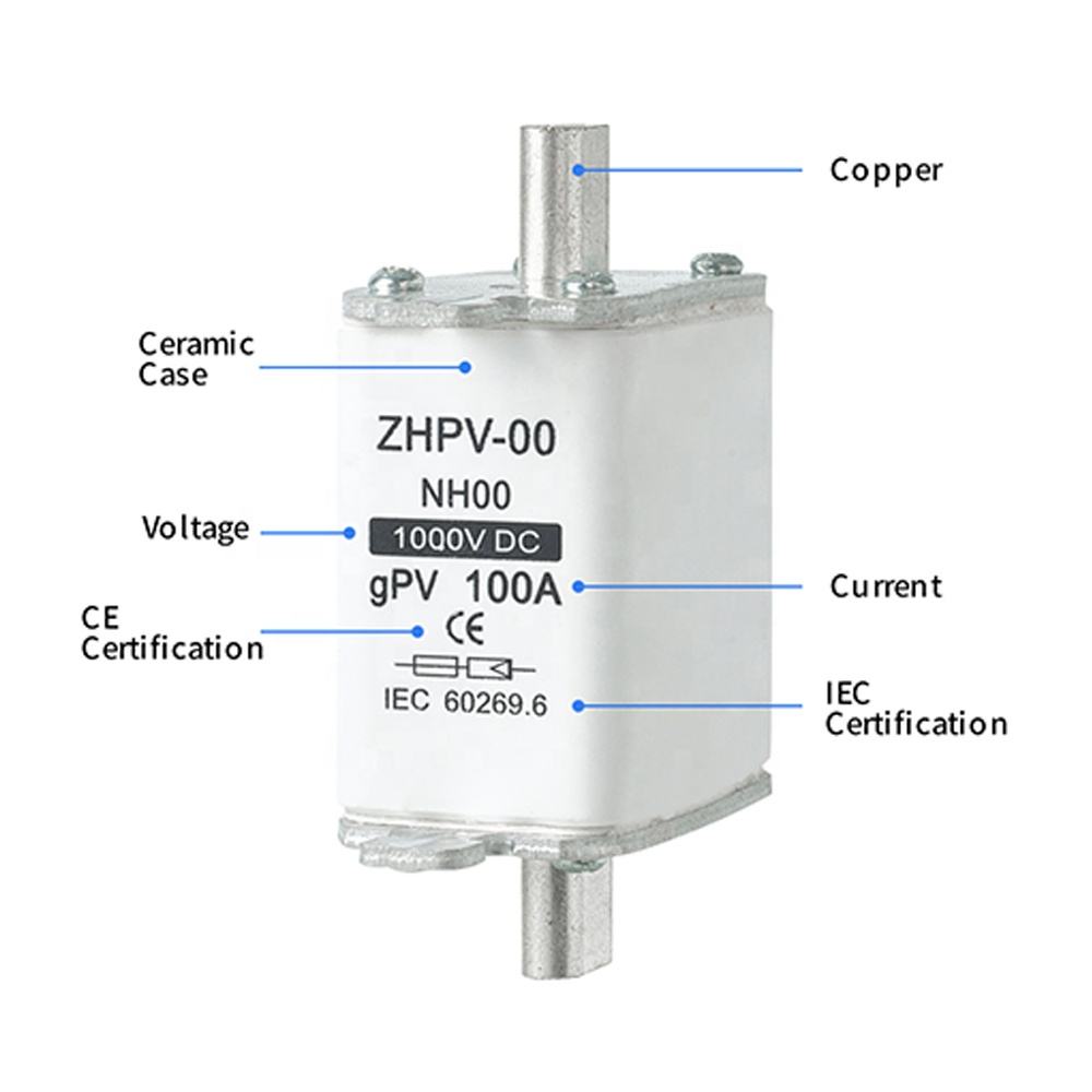 NH00-1000V IEC குறைந்த மின்னழுத்த ஒளிமின்னழுத்த கத்தி உருகி பிளாஸ்டிக் 80A 6ka உடைக்கும் திறன்